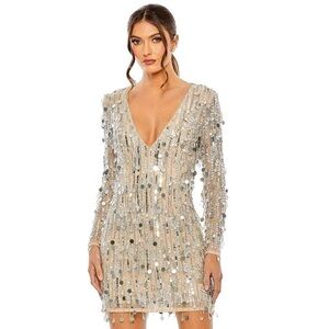 Mac Duggal Long Sleeve Beaded Fringe Plunge Neck Dress